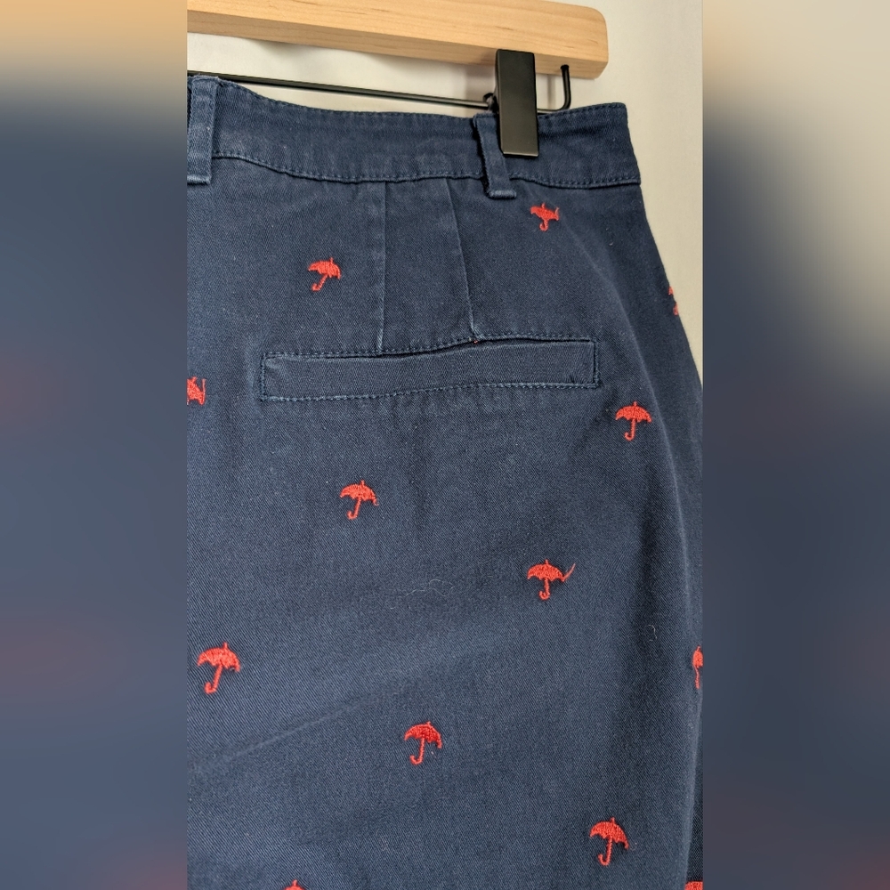 Modcloth Navy Chino Slim Pants w/ Pink Umbrella Embroidered Pattern Workwear 10 - Picture 6 of 8